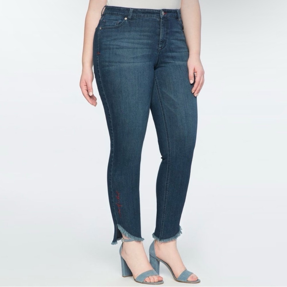 Eloquii “One of a Kind” Embroidered Raw Hem High Rise Ankle Stretch Jeans